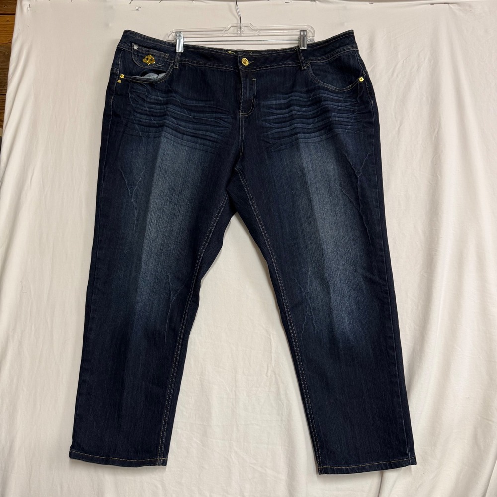 Dereon Womens Plus Size 24 Dark Wash Gold Embroidered Straight Leg Denim Jeans